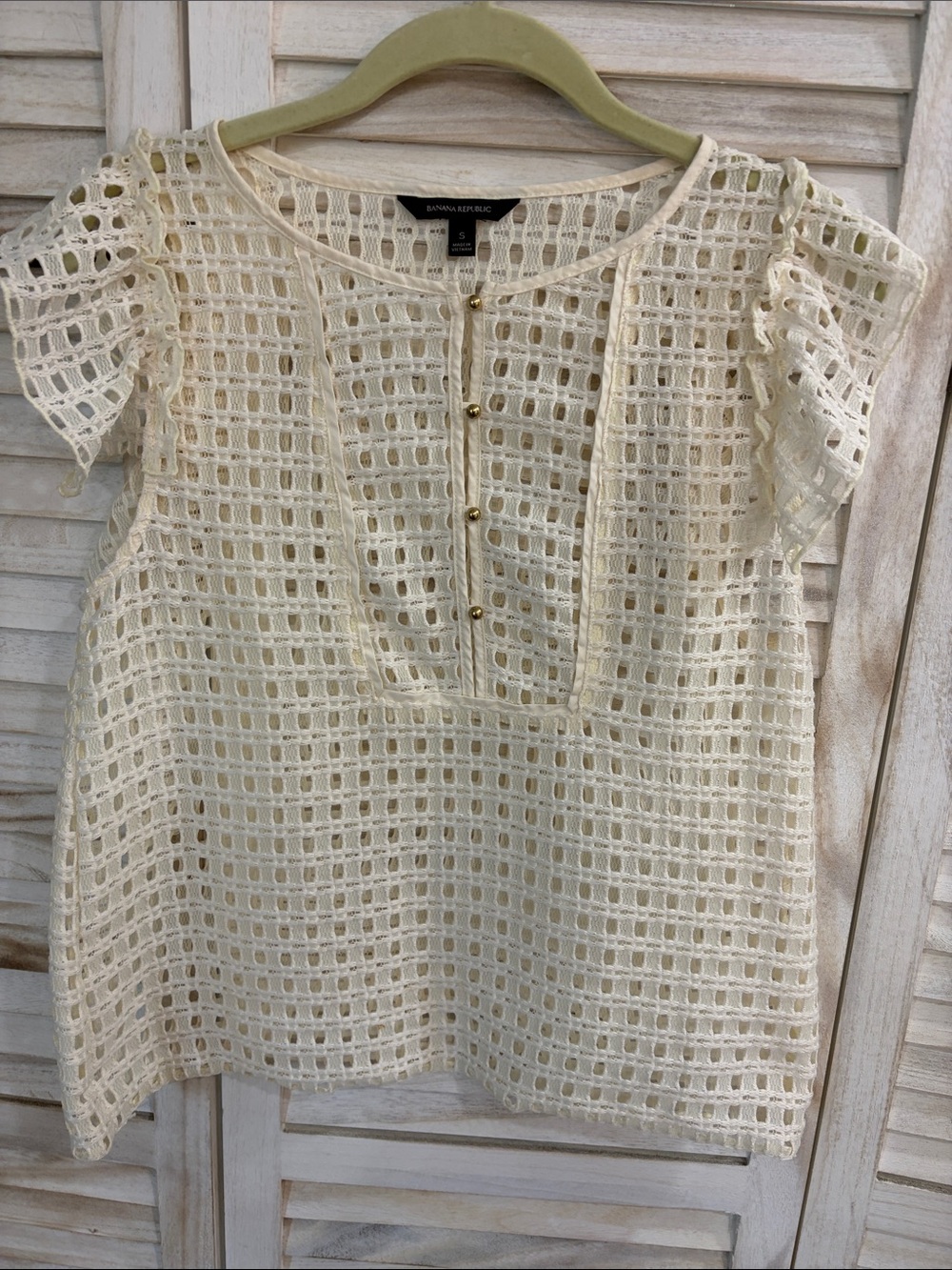 Banana Republic Cream Crochet Grid Short Sleeve Blouse